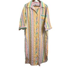 Vintage Leisure Life House Robe Pastel Stripes Snap Pockets Granny Mumu 1X